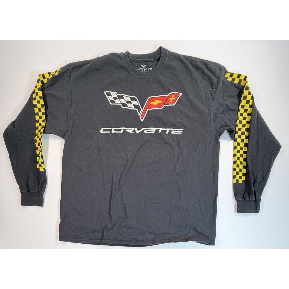 Corvette Racing Long Sleeve T Shirt XL Black Checkered Sleeve Logo Tee